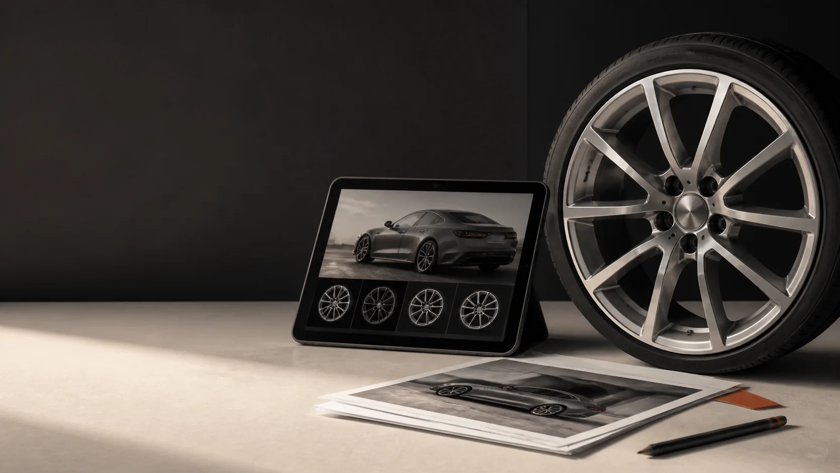 Wheel shop workbench with an alloy wheel, car photos, and a screen showing visual wheel options