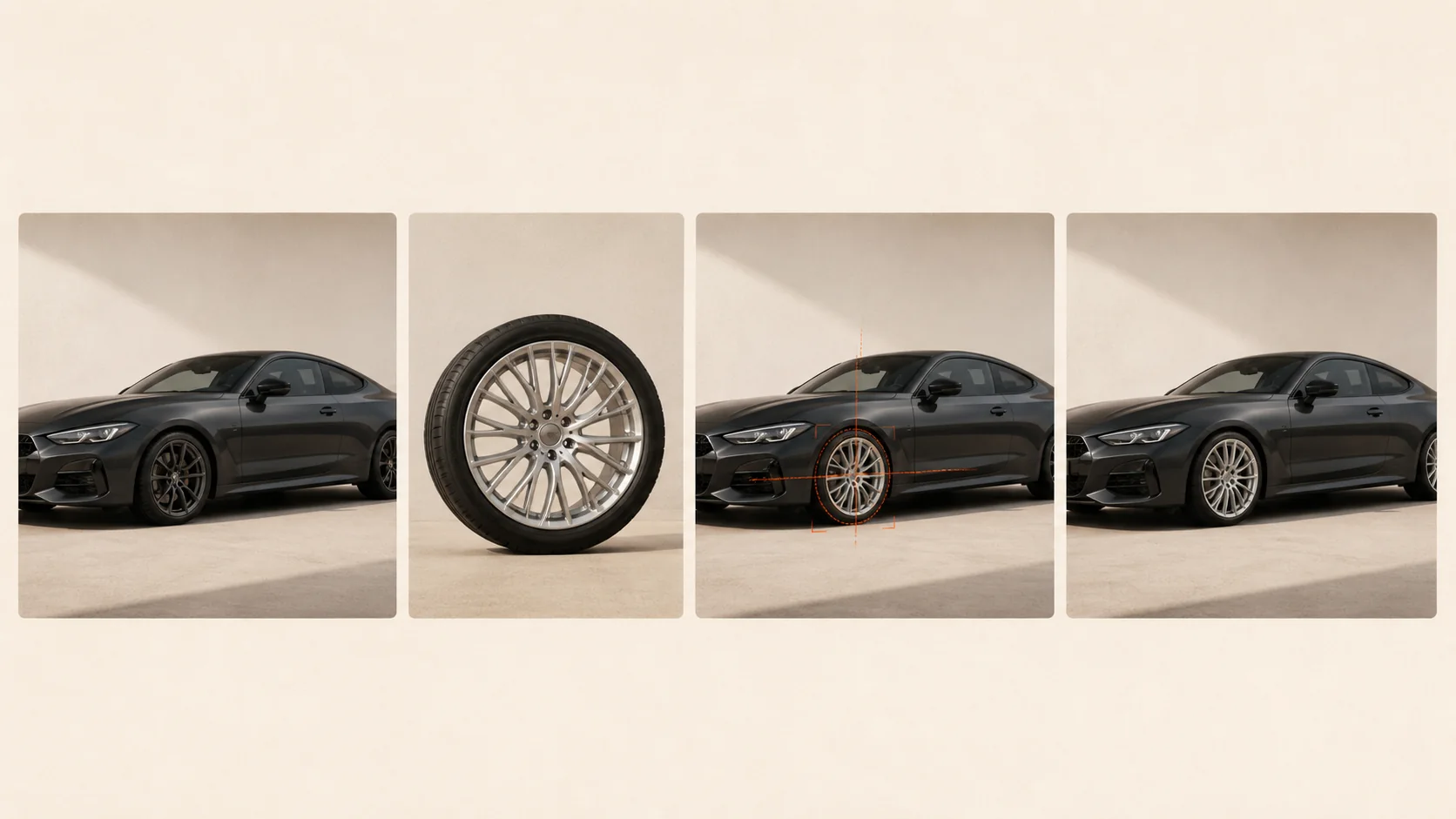 Four-panel visual sequence from a car photo and wheel reference to a mapped wheel swap preview